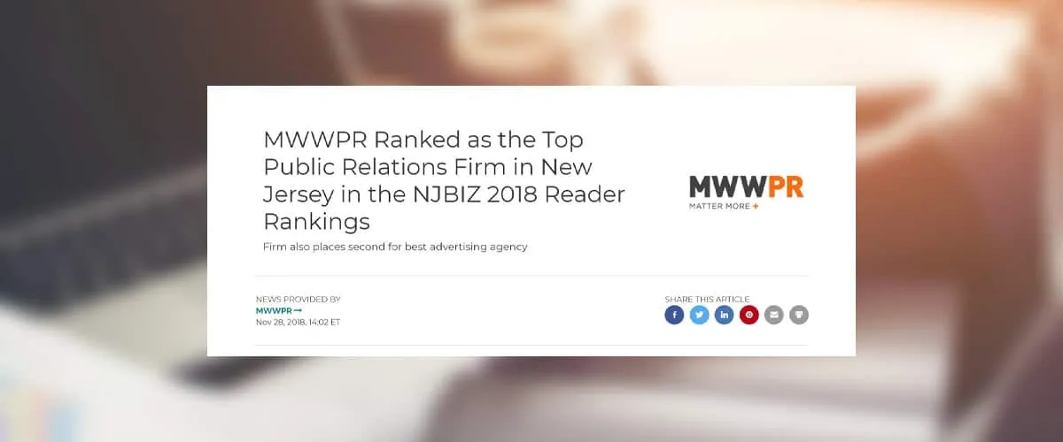 MWWPR Ranked as the Top Public Relations Firm in New Jersey in the NJBIZ 2018 Reader Rankings